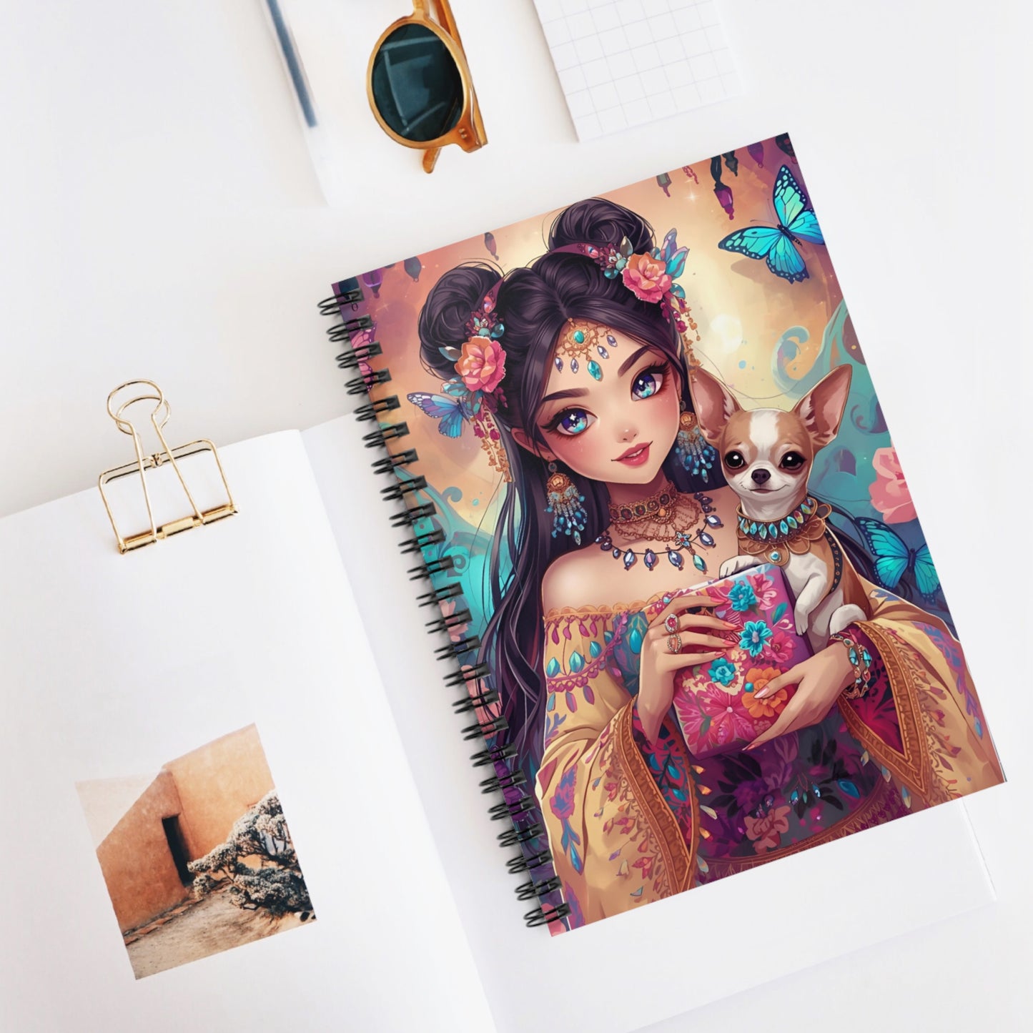 Boho Princess & Chihuahua Spiral Notebook — Ruled Journal for Notes, Sketches & Gifts