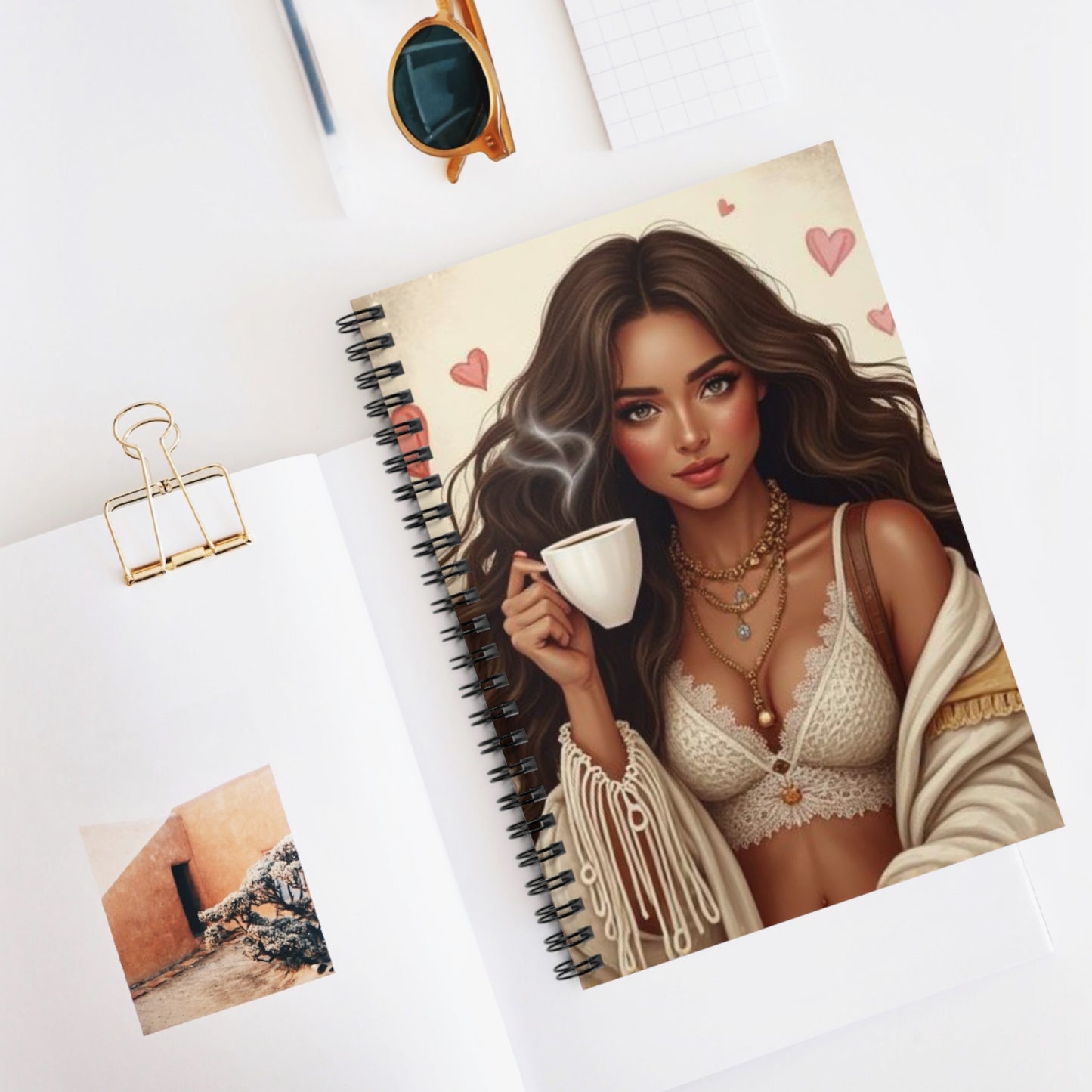 Coffee Lover Boho Girl Spiral Notebook — Cute Lined Journal for Notes & Gifts