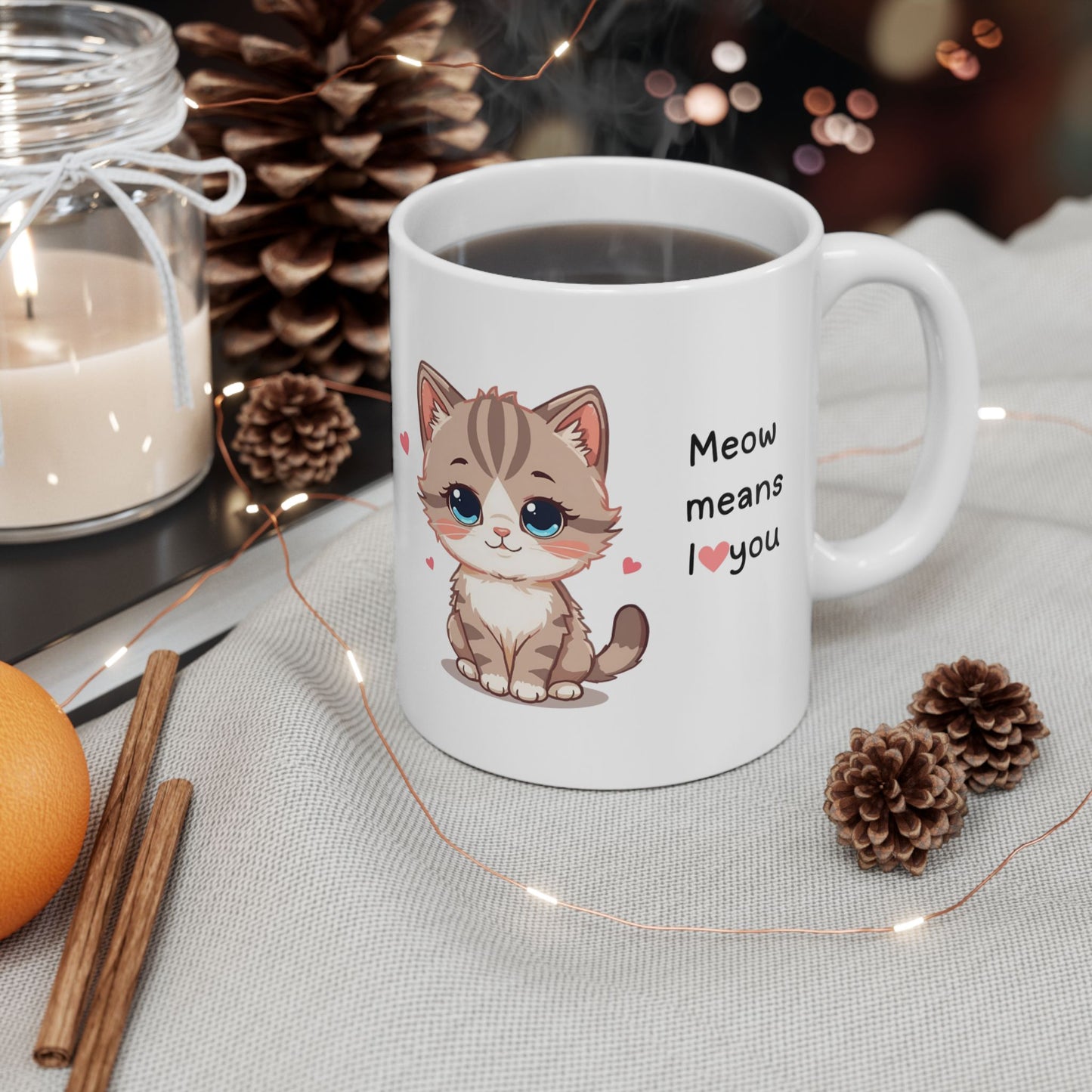 Cat Lover Mug — "Meow Means I  You" Cute Kitten Ceramic Coffee Cup (11oz, 15oz)