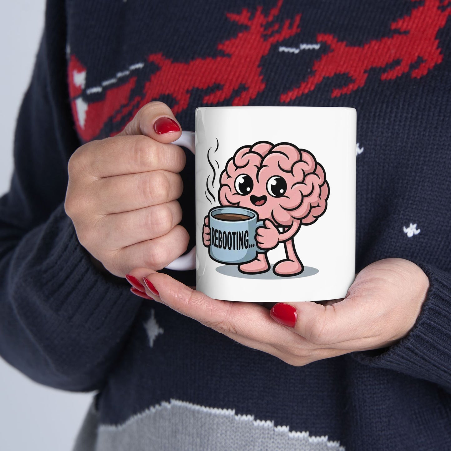 Coffee Brain Ceramic Mug — Cute Brain Holding 'But First Coffee' Cup, Funny Gift for Coffee Lovers
