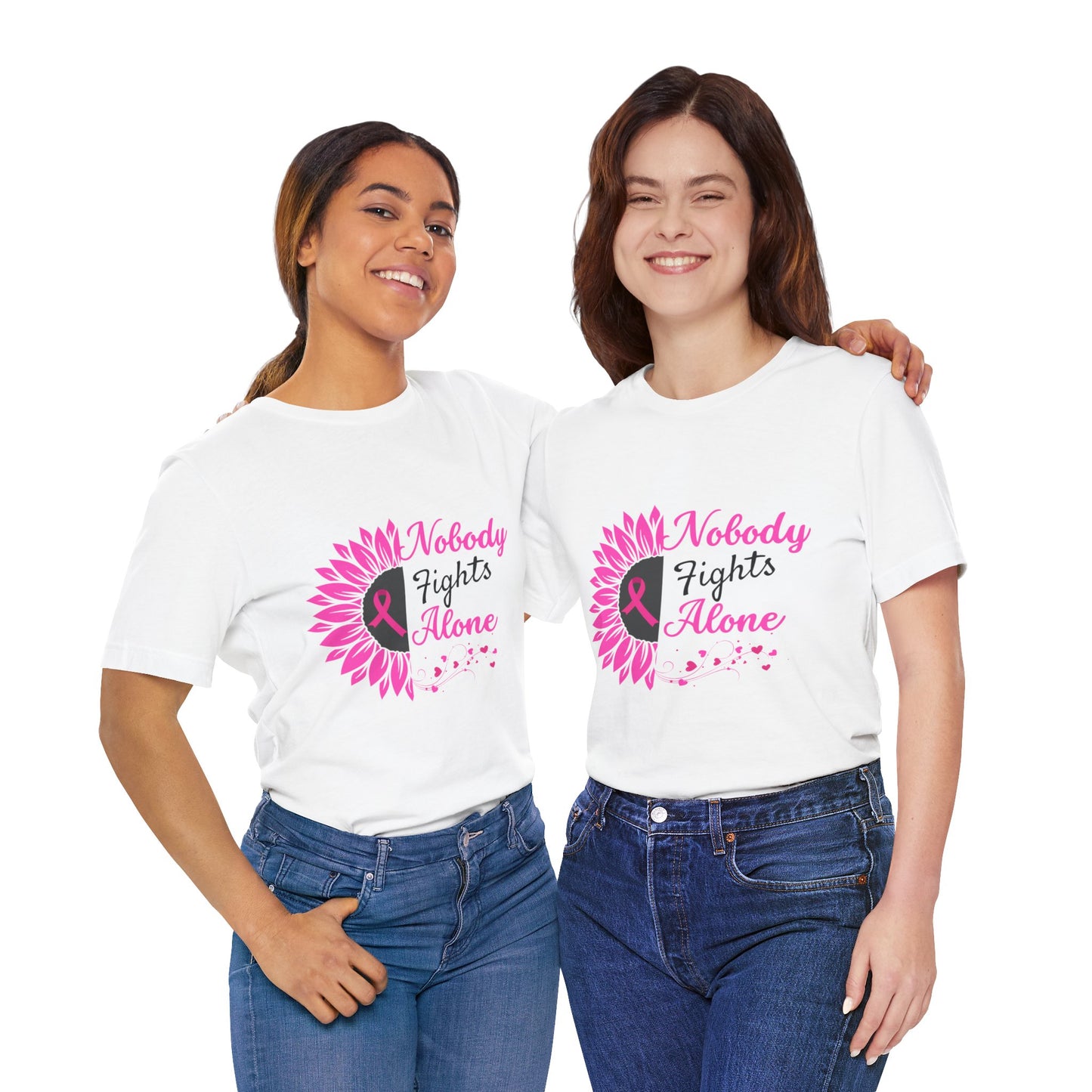 Pink Ribbon Awareness Tee - Nobody Fights Alone, Breast Cancer Support Shirt, Gift for Cancer Fighters, Motivational Apparel, Unisex Tee
