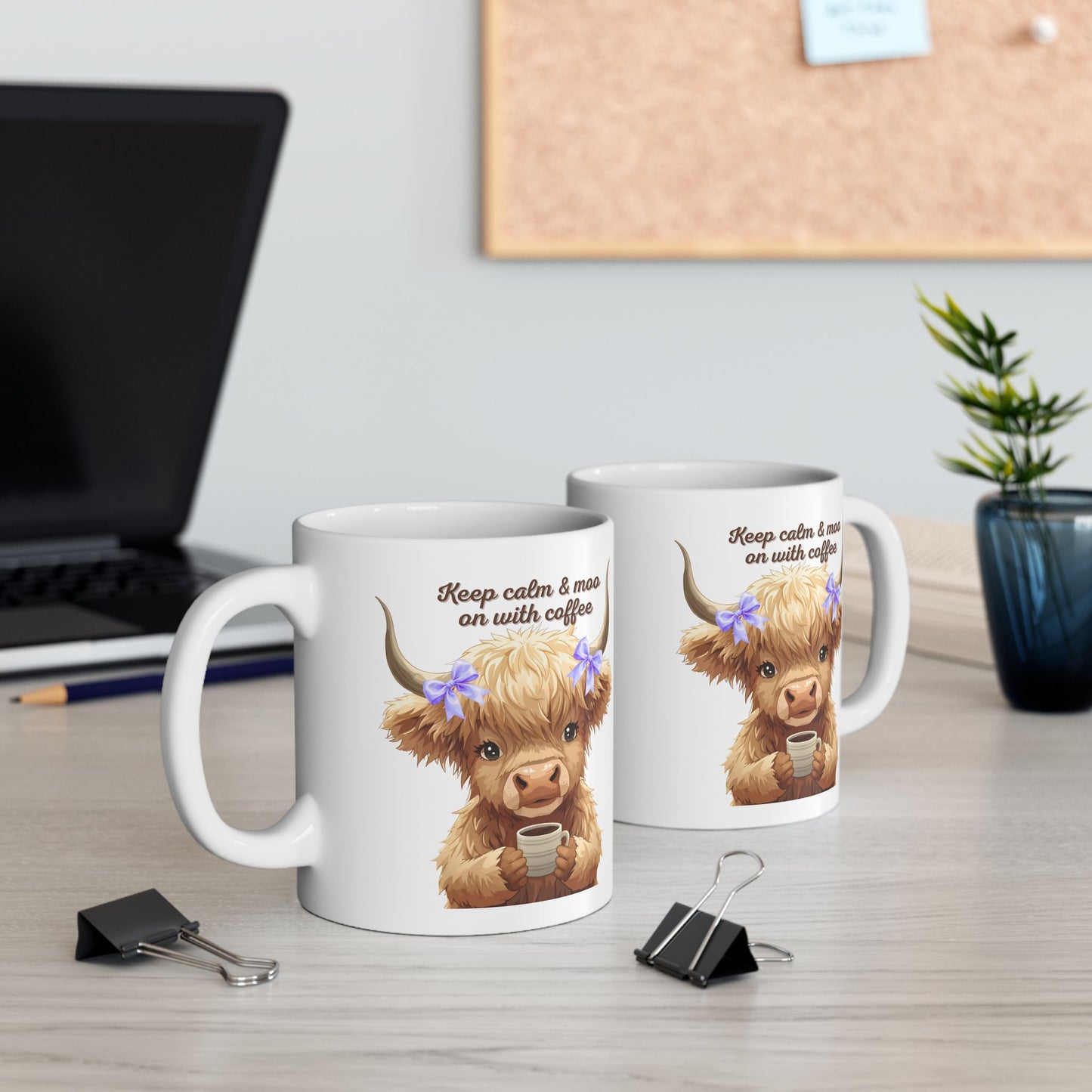 Highland Cow Ceramic Mug (11oz, 15oz) — Cute Floral Highland Cattle Coffee Cup