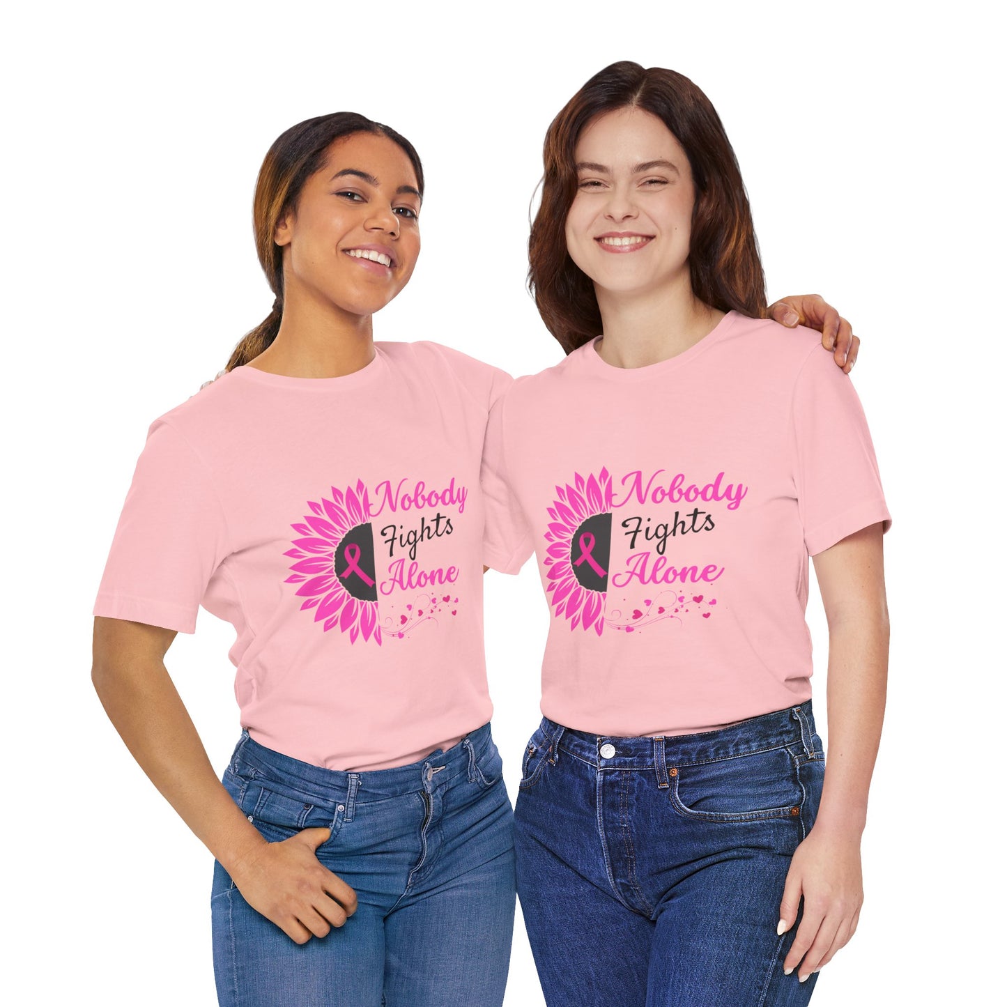 Pink Ribbon Awareness Tee - Nobody Fights Alone, Breast Cancer Support Shirt, Gift for Cancer Fighters, Motivational Apparel, Unisex Tee
