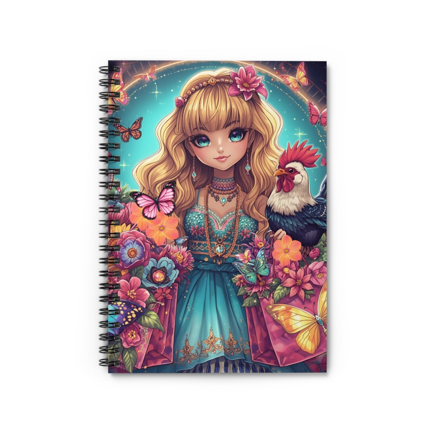 Girl with Rooster Spiral Notebook — Cute Floral Fantasy Ruled Journal