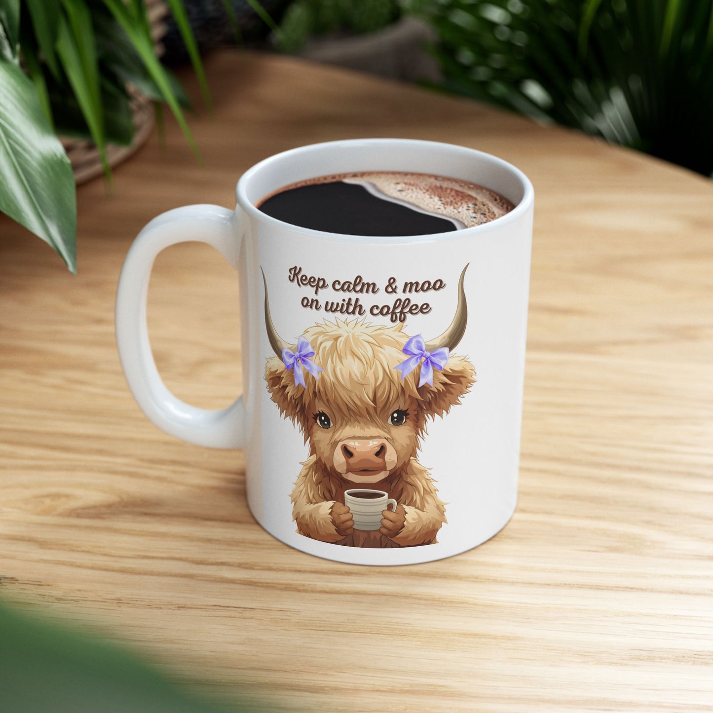 Highland Cow Ceramic Mug (11oz, 15oz) — Cute Floral Highland Cattle Coffee Cup