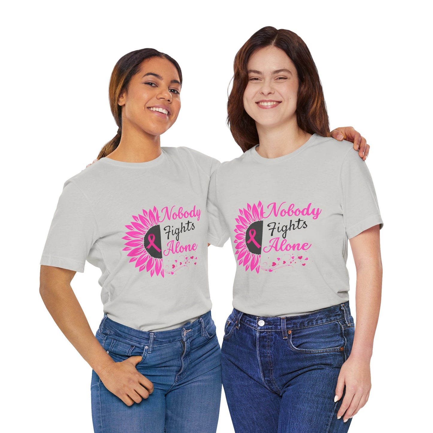 Pink Ribbon Awareness Tee - Nobody Fights Alone, Breast Cancer Support Shirt, Gift for Cancer Fighters, Motivational Apparel, Unisex Tee