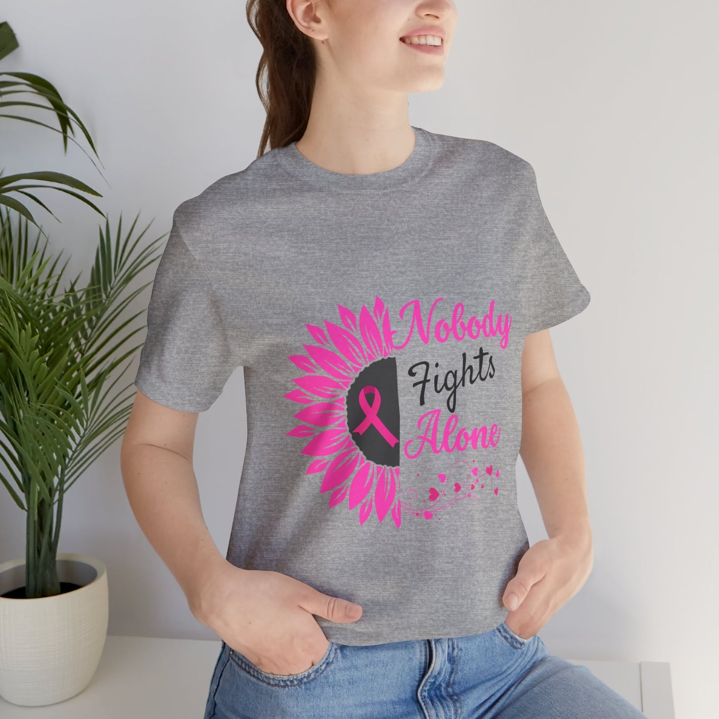 Pink Ribbon Awareness Tee - Nobody Fights Alone, Breast Cancer Support Shirt, Gift for Cancer Fighters, Motivational Apparel, Unisex Tee