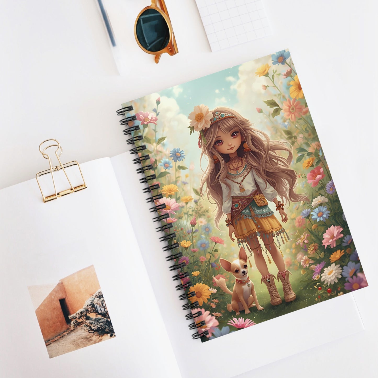 Floral Girl & Puppy Spiral Notebook — Cute Boho Journal for Kids & Teens