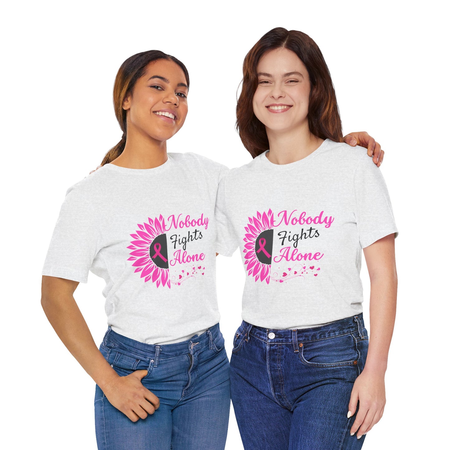 Pink Ribbon Awareness Tee - Nobody Fights Alone, Breast Cancer Support Shirt, Gift for Cancer Fighters, Motivational Apparel, Unisex Tee