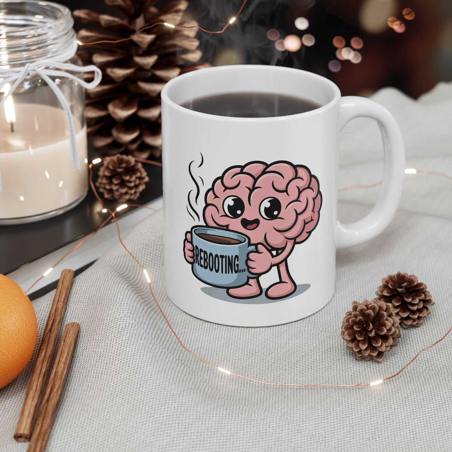 Coffee Brain Ceramic Mug — Cute Brain Holding 'But First Coffee' Cup, Funny Gift for Coffee Lovers