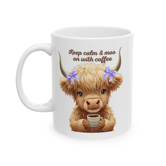 Highland Cow Ceramic Mug (11oz, 15oz) — Cute Floral Highland Cattle Coffee Cup