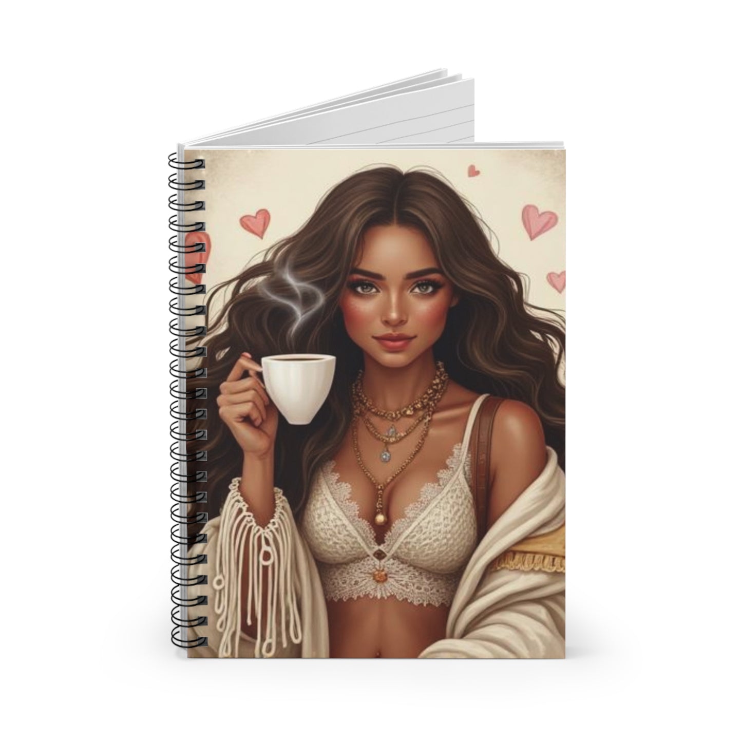 Coffee Lover Boho Girl Spiral Notebook — Cute Lined Journal for Notes & Gifts