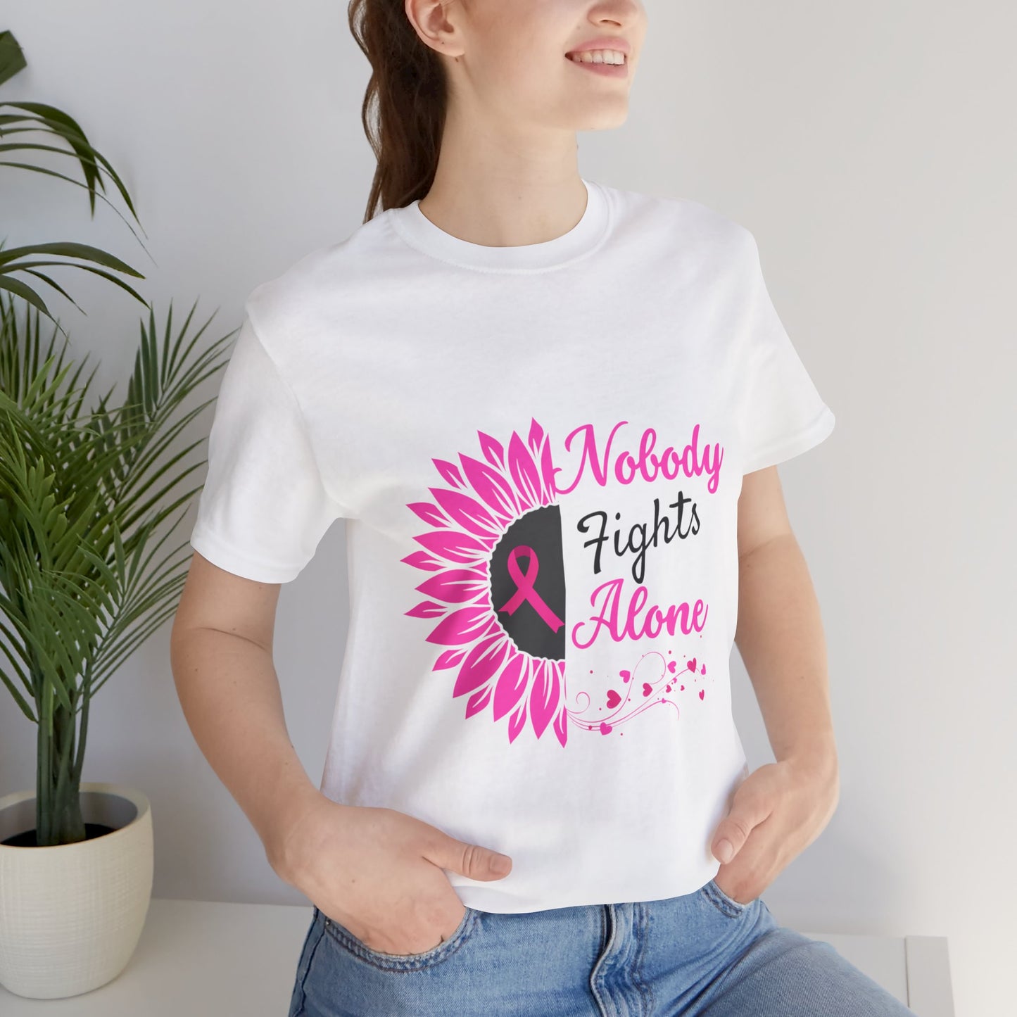 Pink Ribbon Awareness Tee - Nobody Fights Alone, Breast Cancer Support Shirt, Gift for Cancer Fighters, Motivational Apparel, Unisex Tee