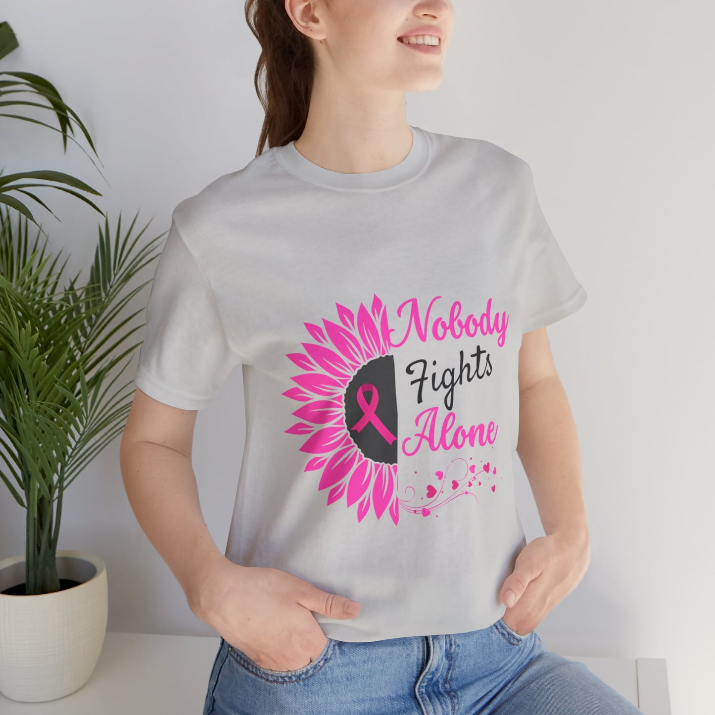 Pink Ribbon Awareness Tee - Nobody Fights Alone, Breast Cancer Support Shirt, Gift for Cancer Fighters, Motivational Apparel, Unisex Tee