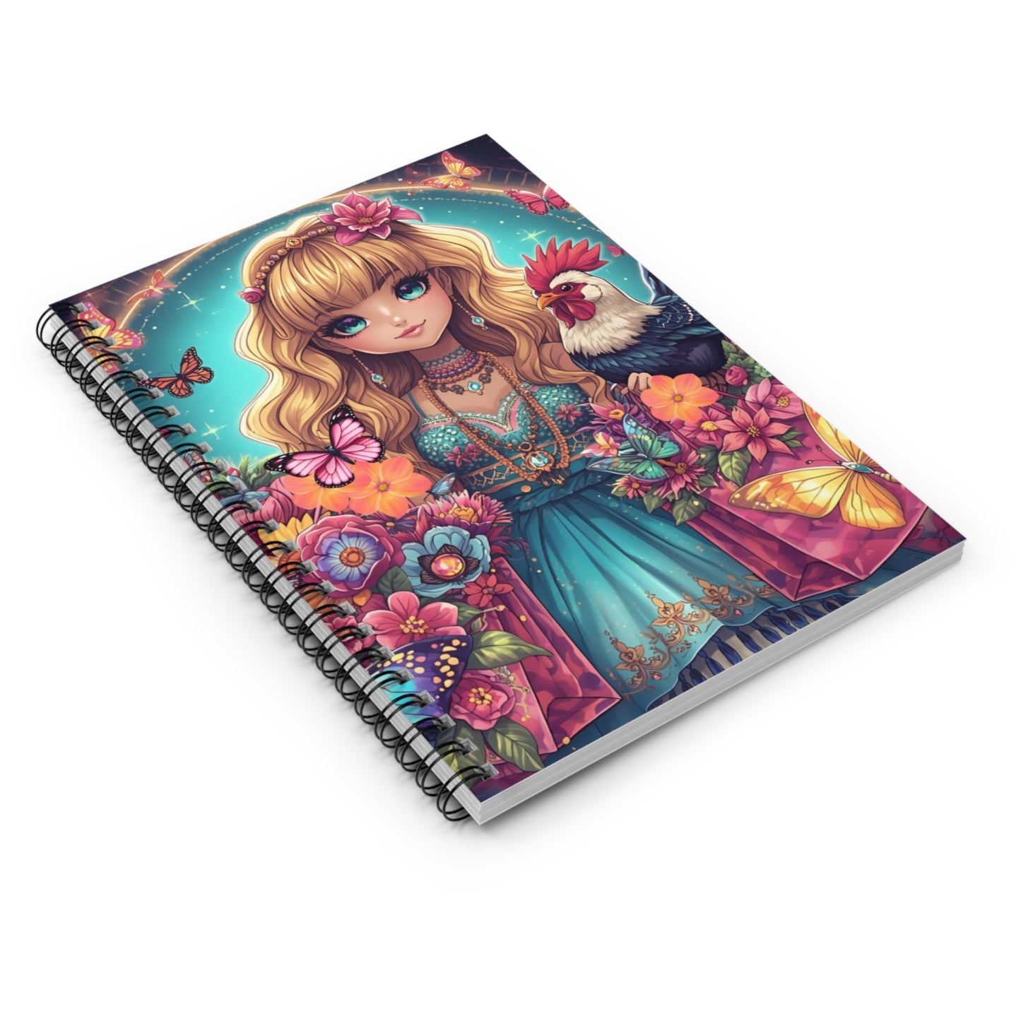 Girl with Rooster Spiral Notebook — Cute Floral Fantasy Ruled Journal