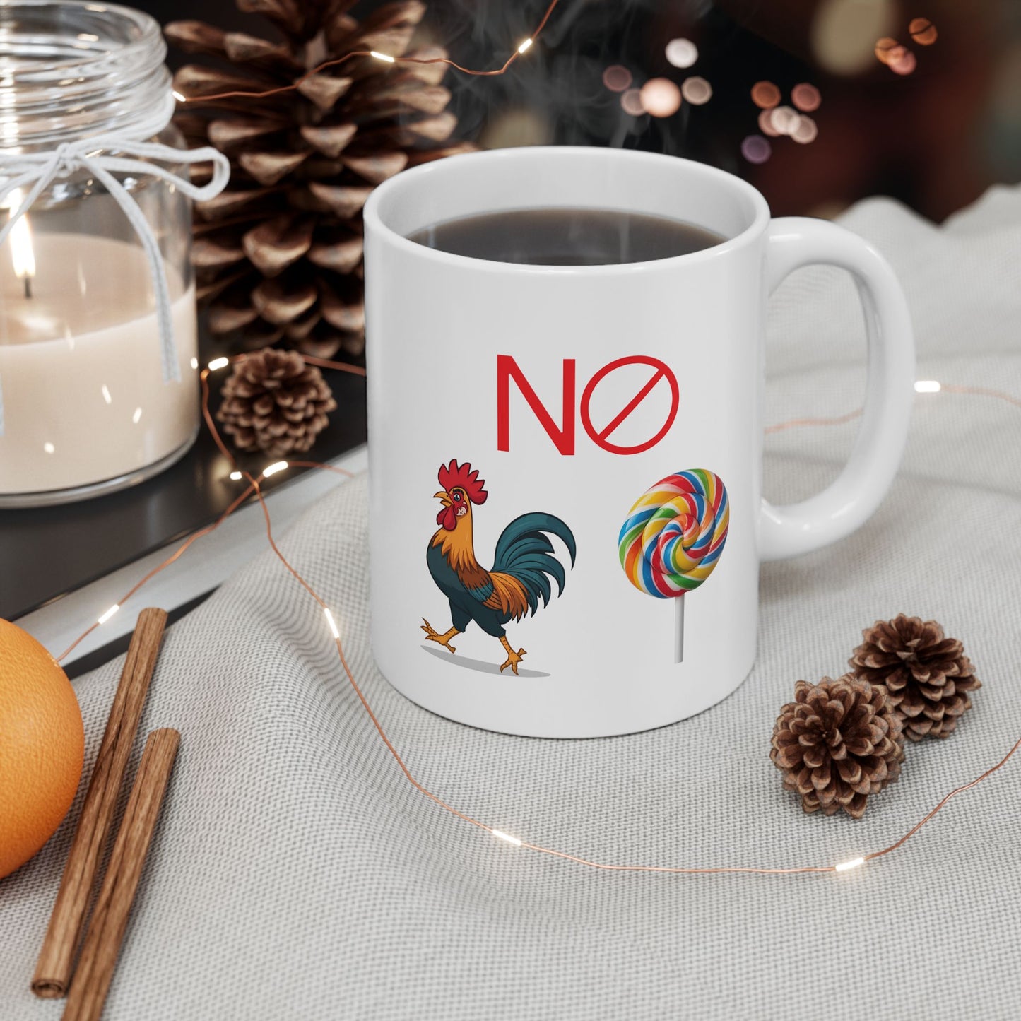 Rooster & Lollipop Ceramic Mug — Whimsical Farmhouse Coffee Cup (11oz, 15oz)