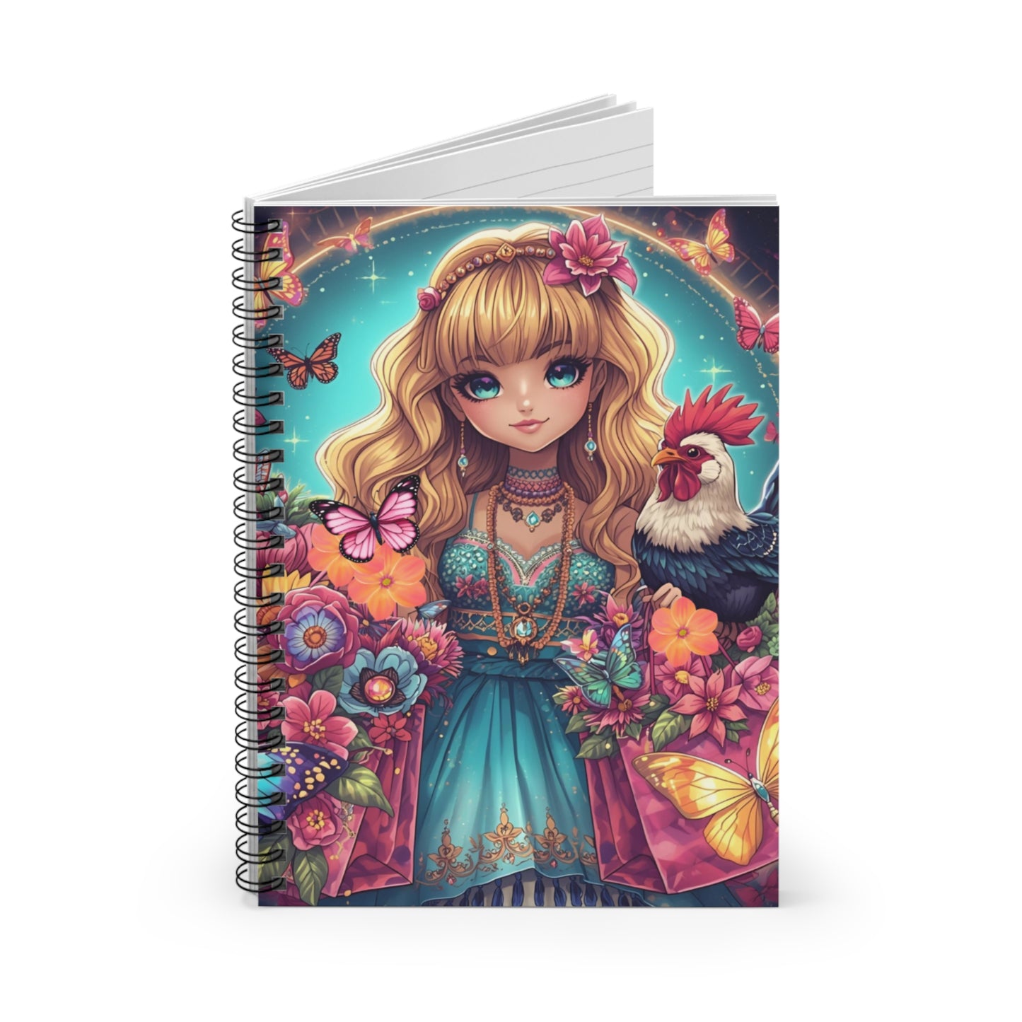 Girl with Rooster Spiral Notebook — Cute Floral Fantasy Ruled Journal