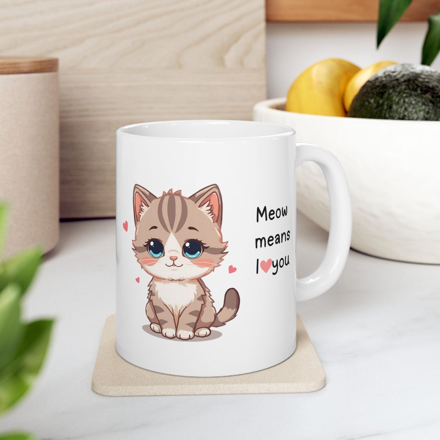 Cat Lover Mug — "Meow Means I  You" Cute Kitten Ceramic Coffee Cup (11oz, 15oz)