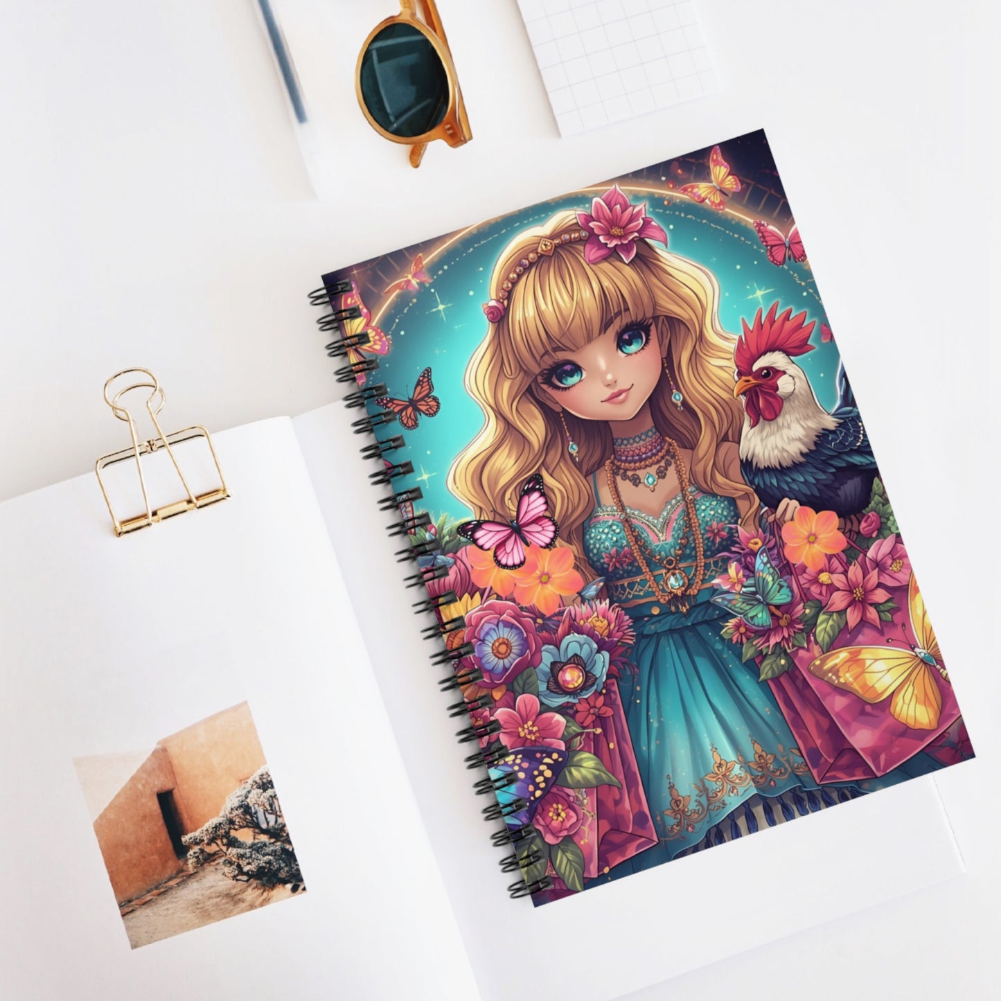 Girl with Rooster Spiral Notebook — Cute Floral Fantasy Ruled Journal