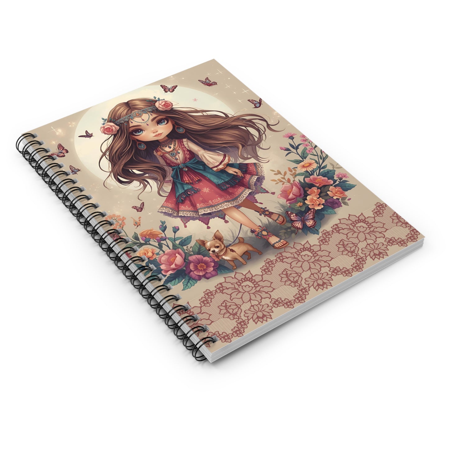 Boho Fairy Girl Spiral Notebook — Ruled Journal with Floral & Butterfly Design