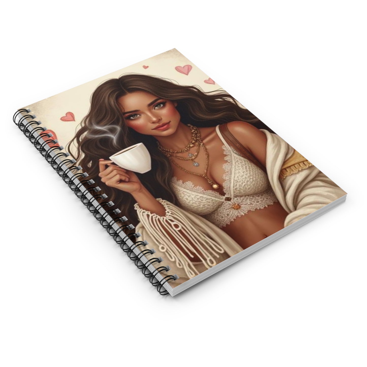 Coffee Lover Boho Girl Spiral Notebook — Cute Lined Journal for Notes & Gifts