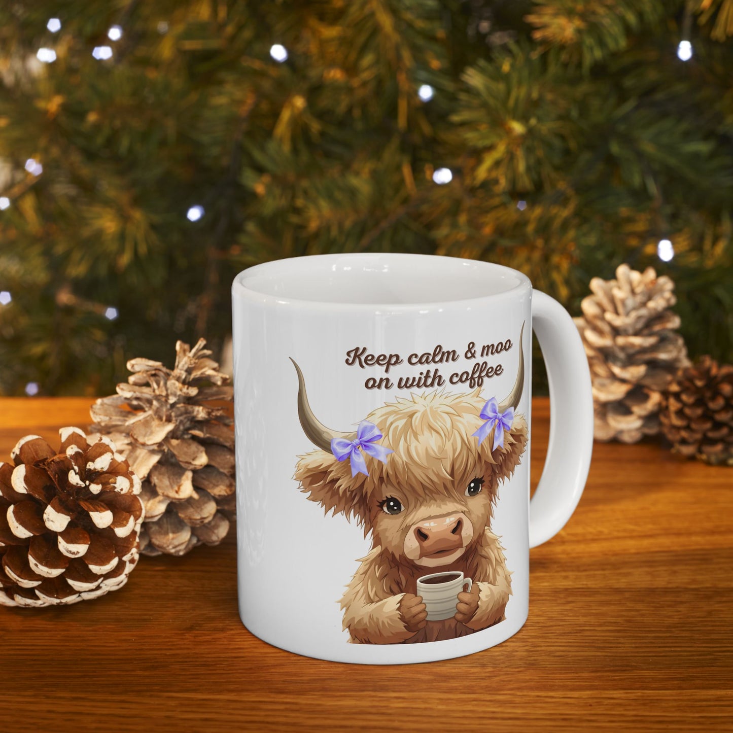 Highland Cow Ceramic Mug (11oz, 15oz) — Cute Floral Highland Cattle Coffee Cup