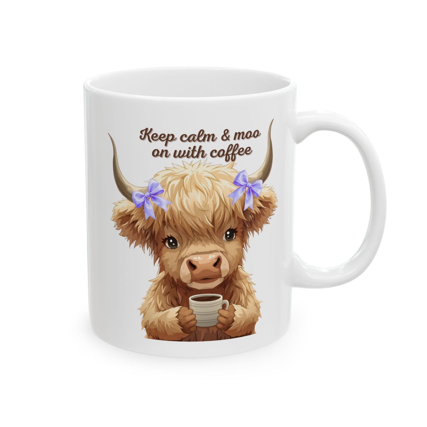 Highland Cow Ceramic Mug (11oz, 15oz) — Cute Floral Highland Cattle Coffee Cup