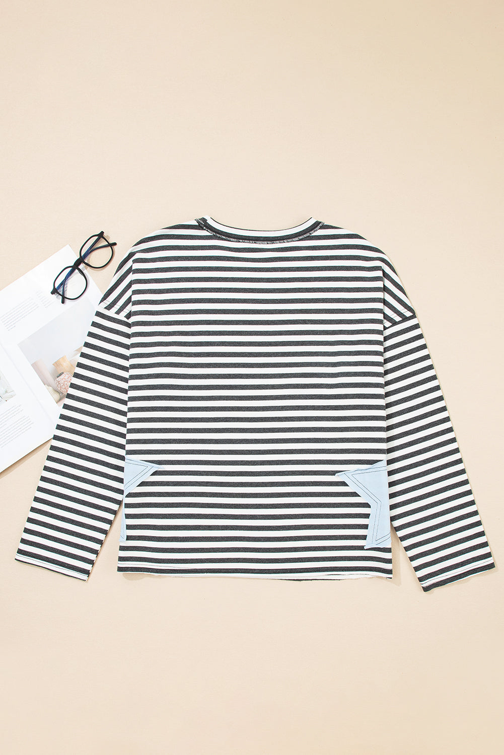 Gray Stripe Contrast Star Stitched Plus Size Long Sleeve Top