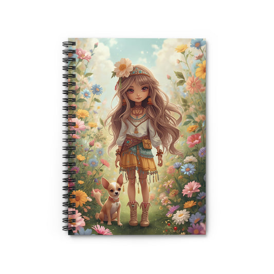Floral Girl & Puppy Spiral Notebook — Cute Boho Journal for Kids & Teens