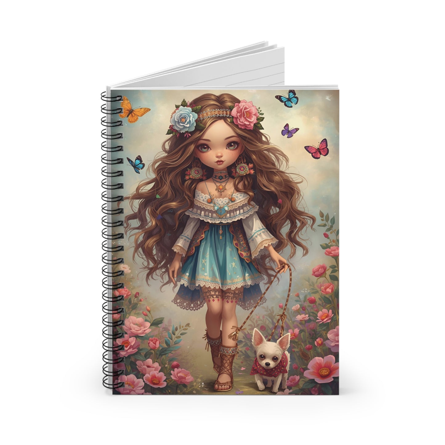 Whimsical Boho Girl Spiral Notebook — Cute Floral Fairy Journal