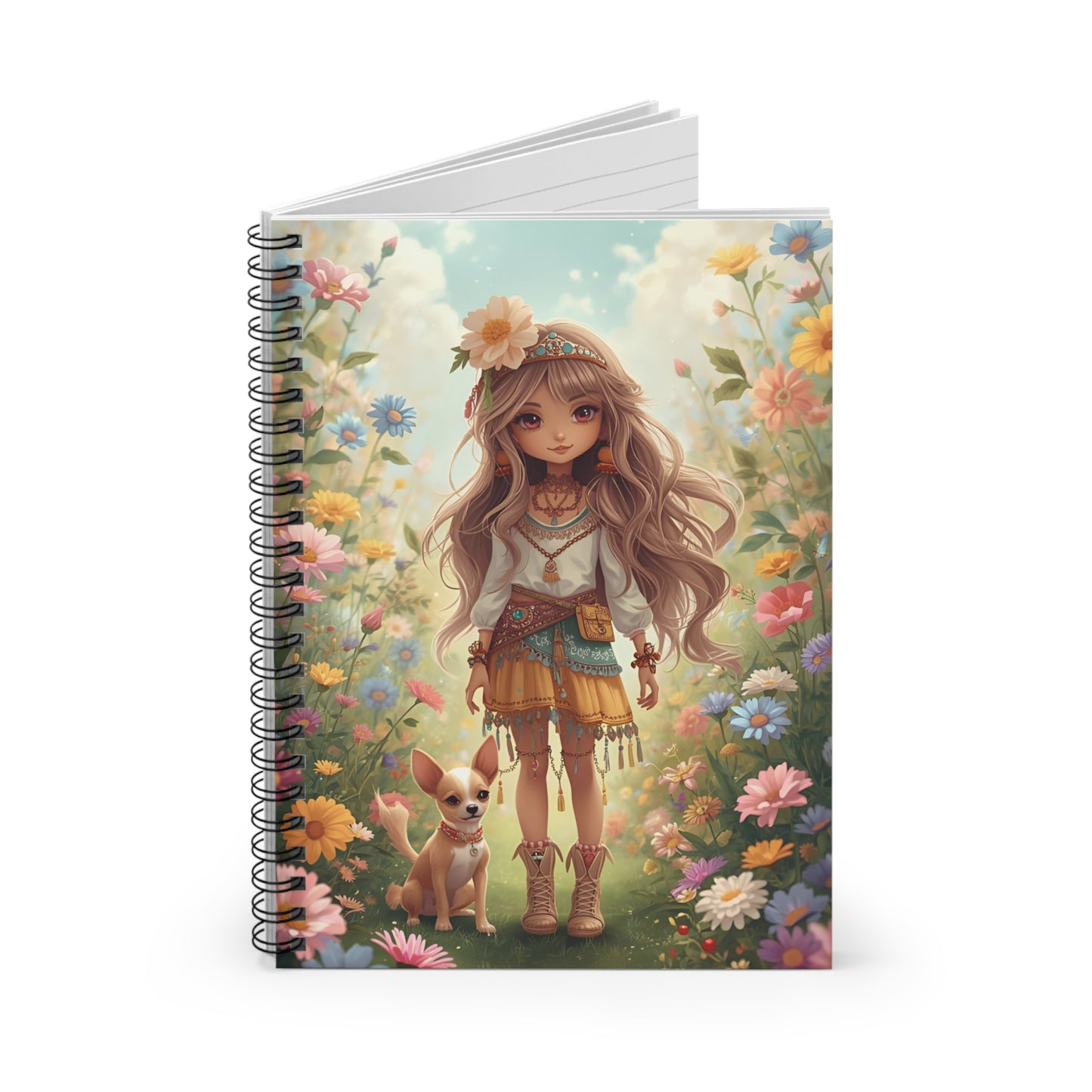 Floral Girl & Puppy Spiral Notebook — Cute Boho Journal for Kids & Teens