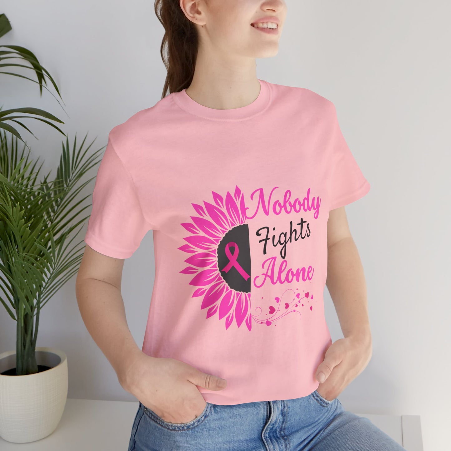 Pink Ribbon Awareness Tee - Nobody Fights Alone, Breast Cancer Support Shirt, Gift for Cancer Fighters, Motivational Apparel, Unisex Tee
