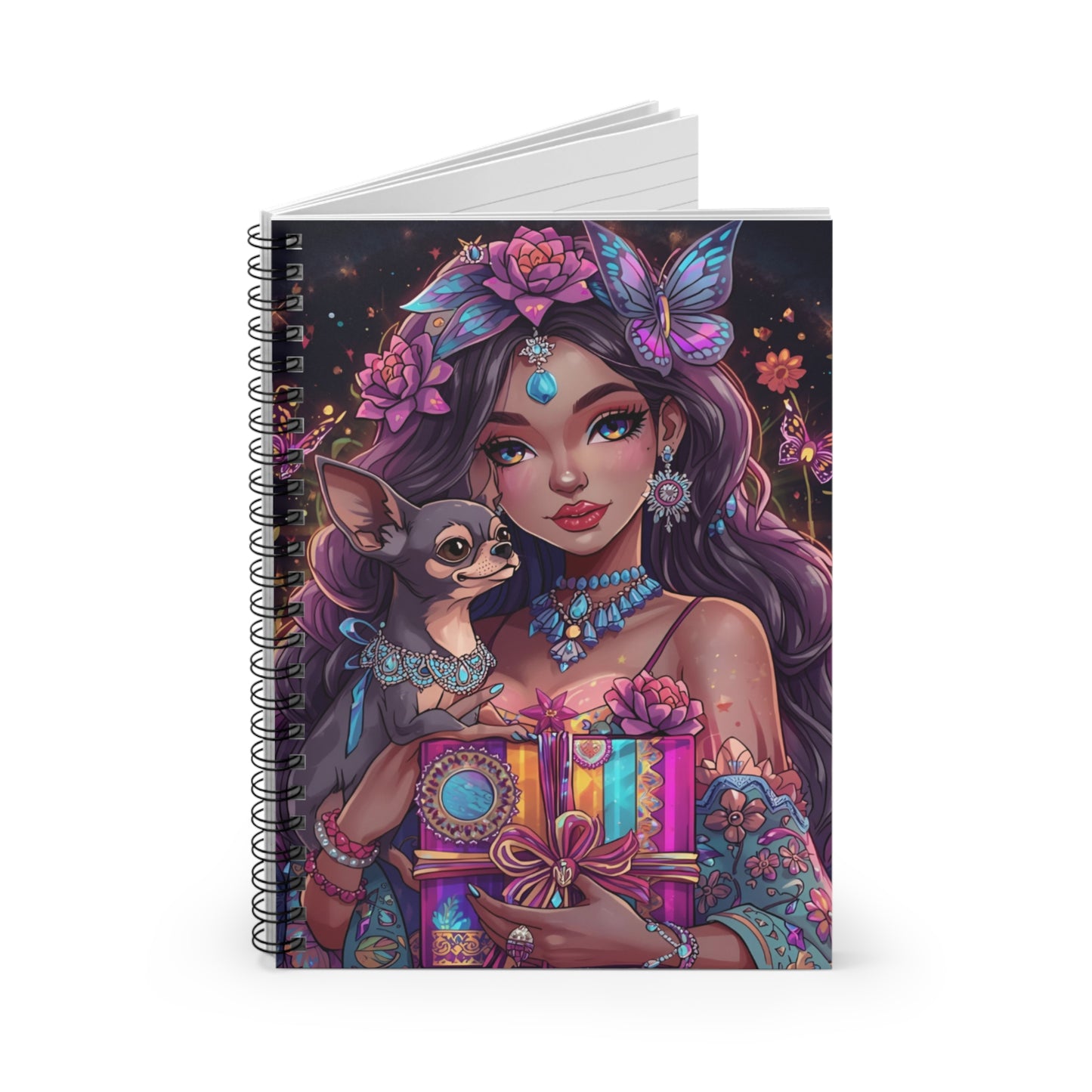 Boho Goddess & Chihuahua Spiral Notebook — Floral Fantasy Journal (Ruled)