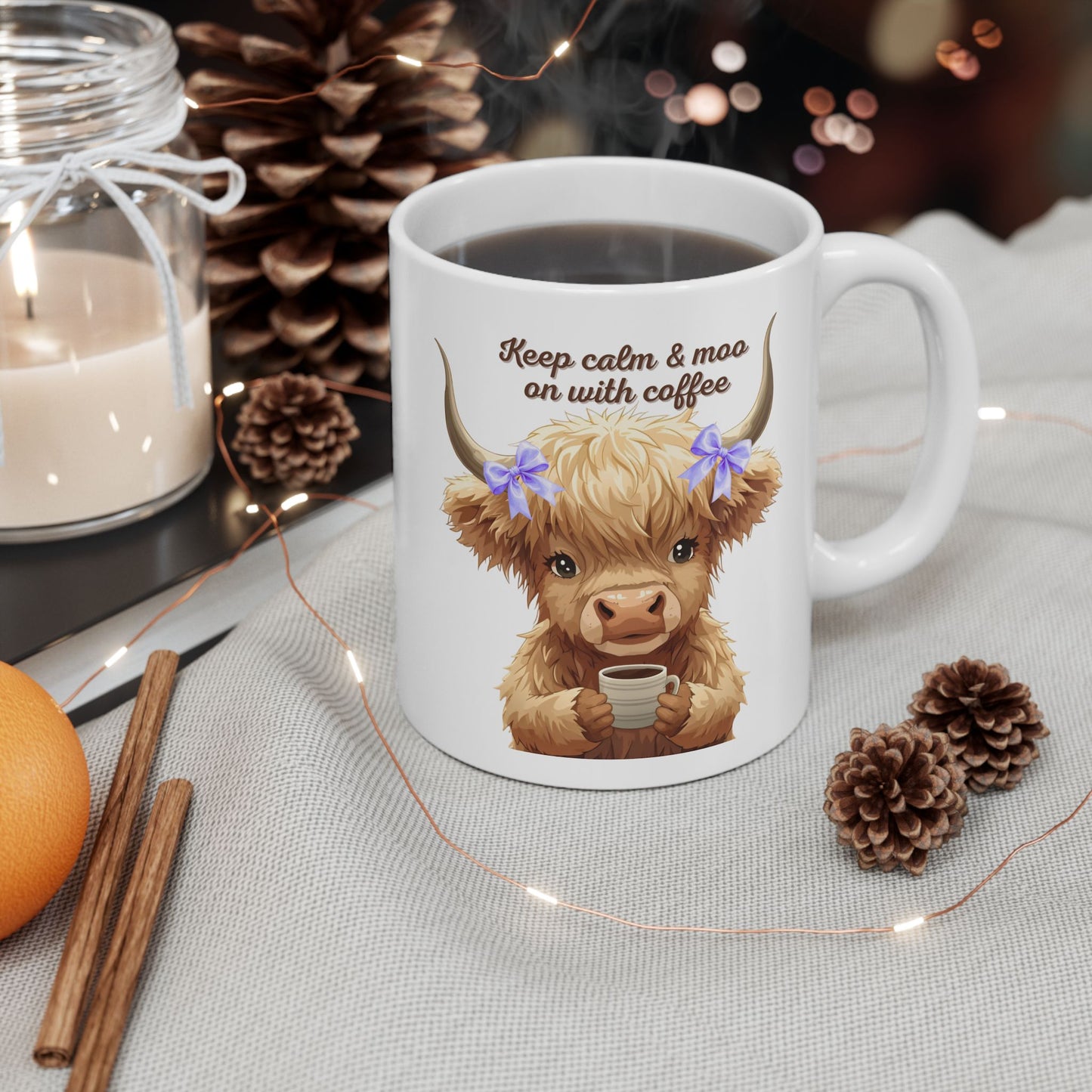 Highland Cow Ceramic Mug (11oz, 15oz) — Cute Floral Highland Cattle Coffee Cup
