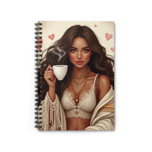 Coffee Lover Boho Girl Spiral Notebook — Cute Lined Journal for Notes & Gifts