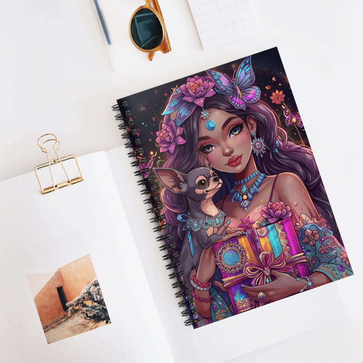 Boho Goddess & Chihuahua Spiral Notebook — Floral Fantasy Journal (Ruled)