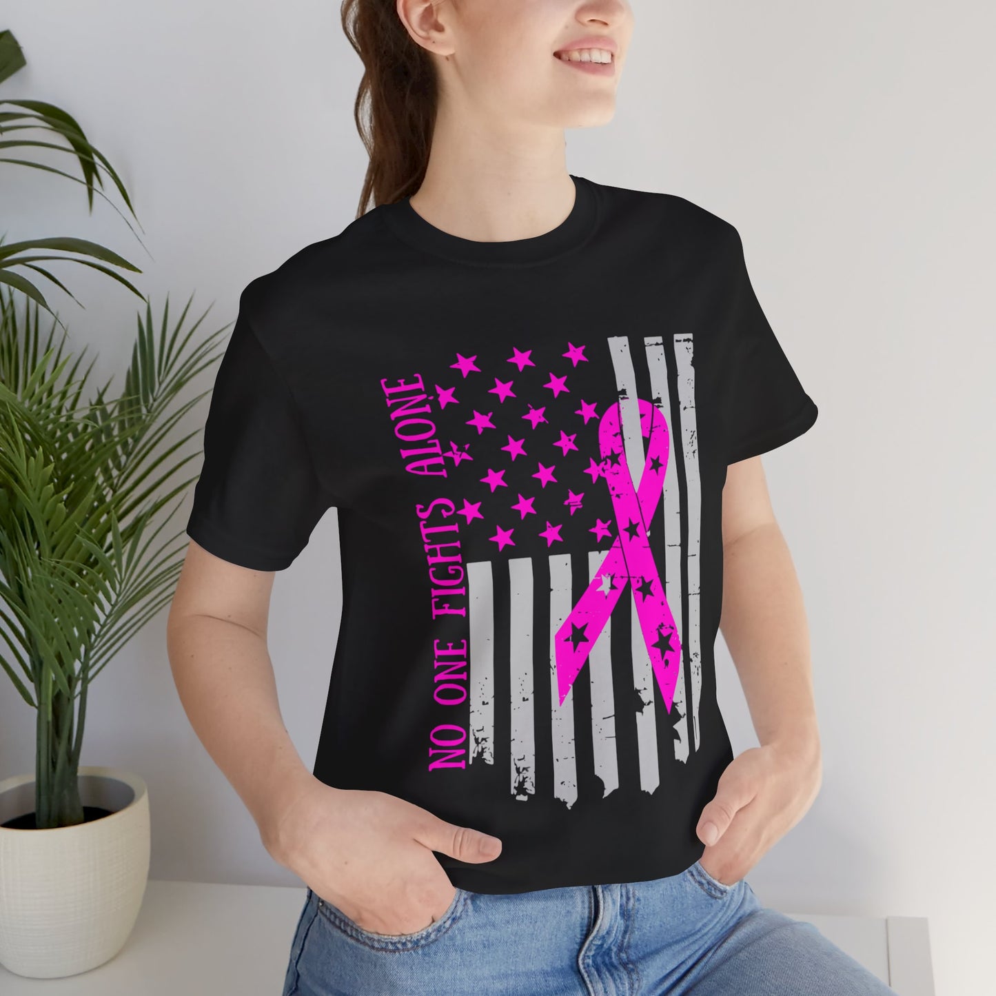 Breast Cancer Awareness Tee - No One Fights Alone, Support T-Shirt, Gift for Fighters, Awareness Month Shirt, Unisex Short Sleeve
