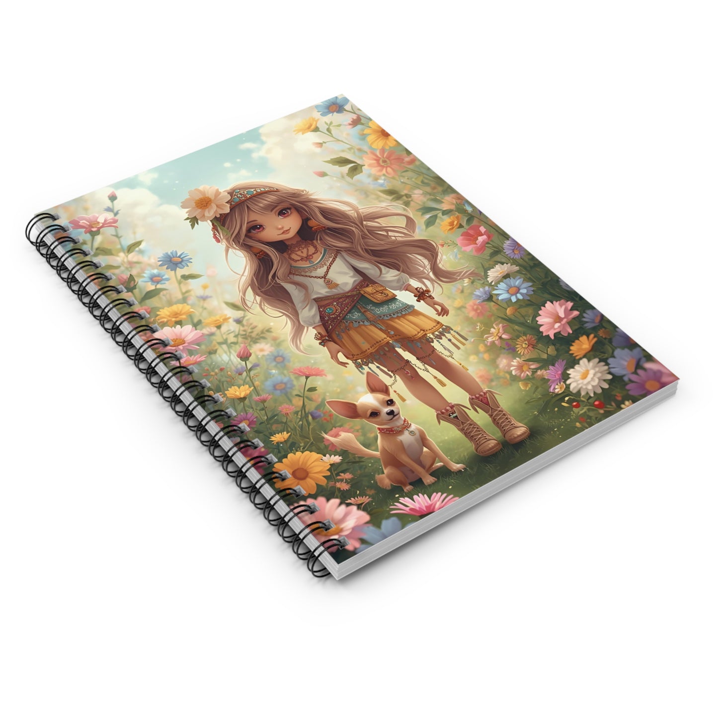 Floral Girl & Puppy Spiral Notebook — Cute Boho Journal for Kids & Teens