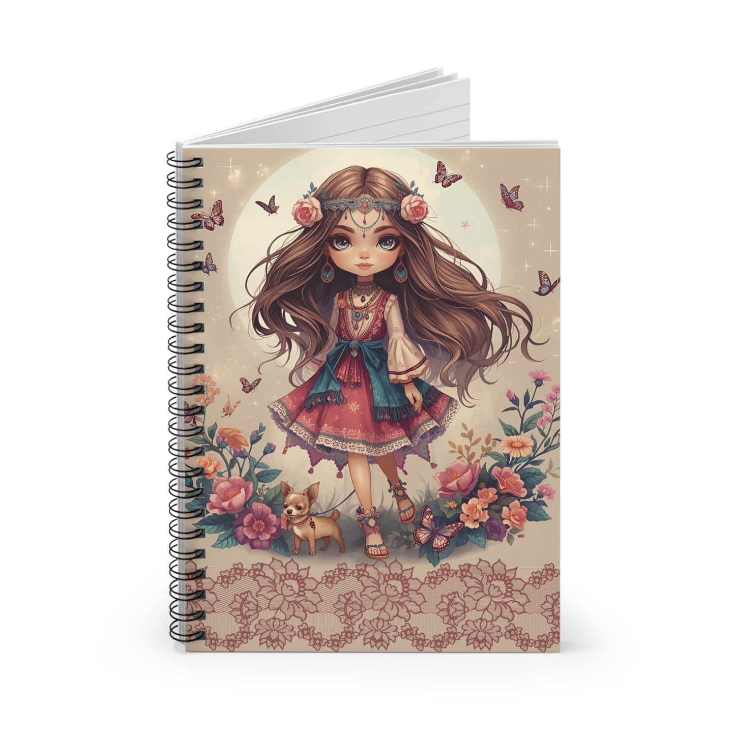 Boho Fairy Girl Spiral Notebook — Ruled Journal with Floral & Butterfly Design