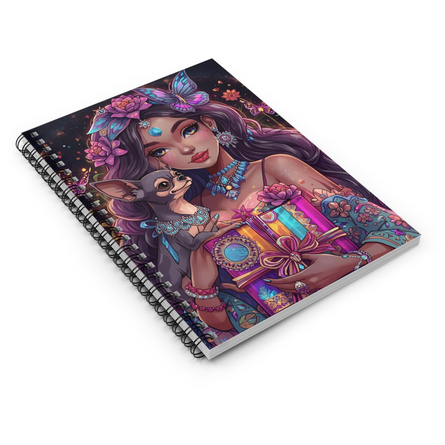 Boho Goddess & Chihuahua Spiral Notebook — Floral Fantasy Journal (Ruled)