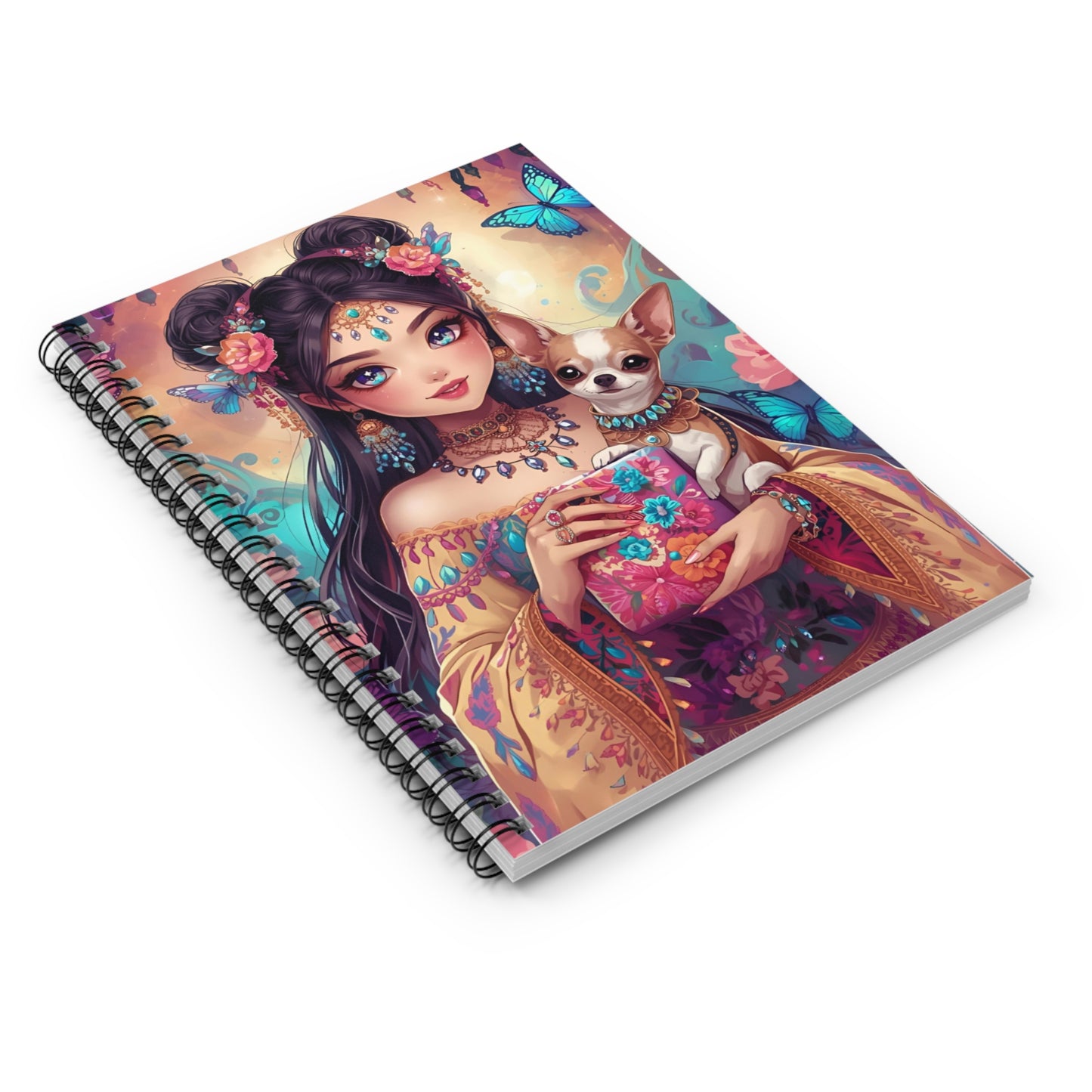 Boho Princess & Chihuahua Spiral Notebook — Ruled Journal for Notes, Sketches & Gifts